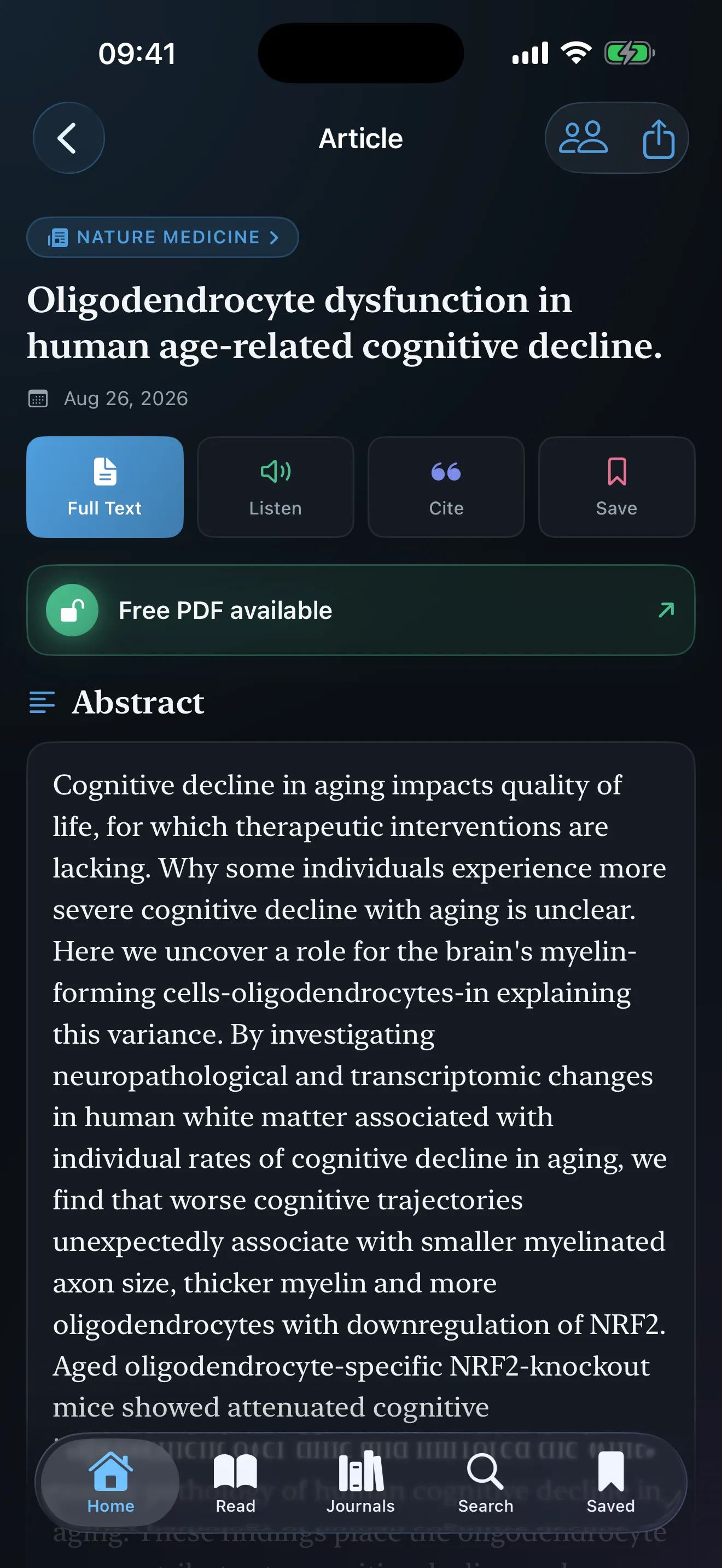 Article screen in MediPub with Full Text, Listen, Cite, and Save actions