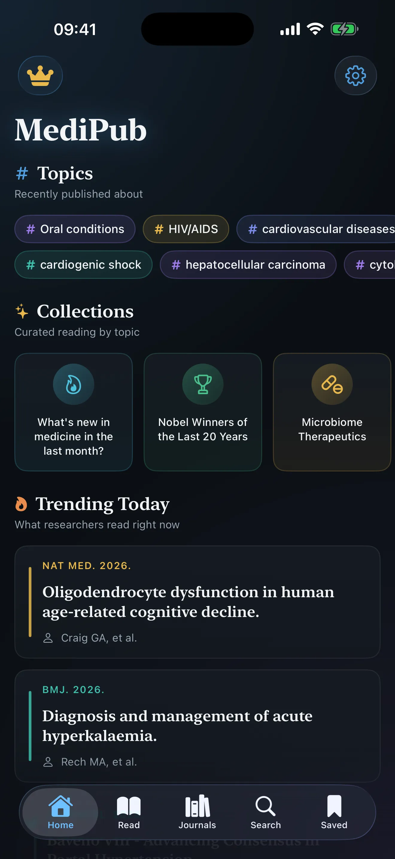 MediPub home screen with topics, curated collections, and the Trending Today feed