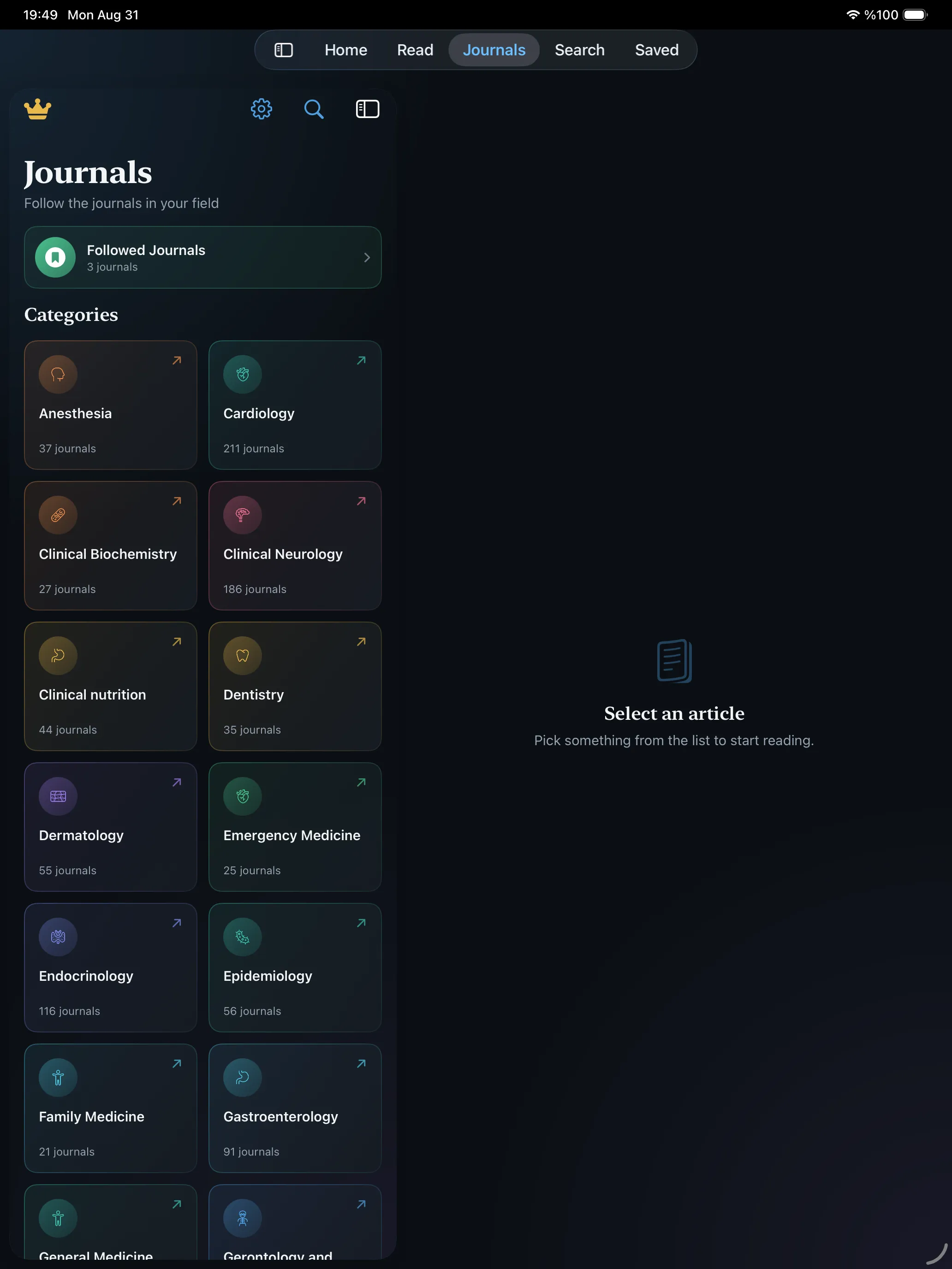 Journal categories on iPad in split view