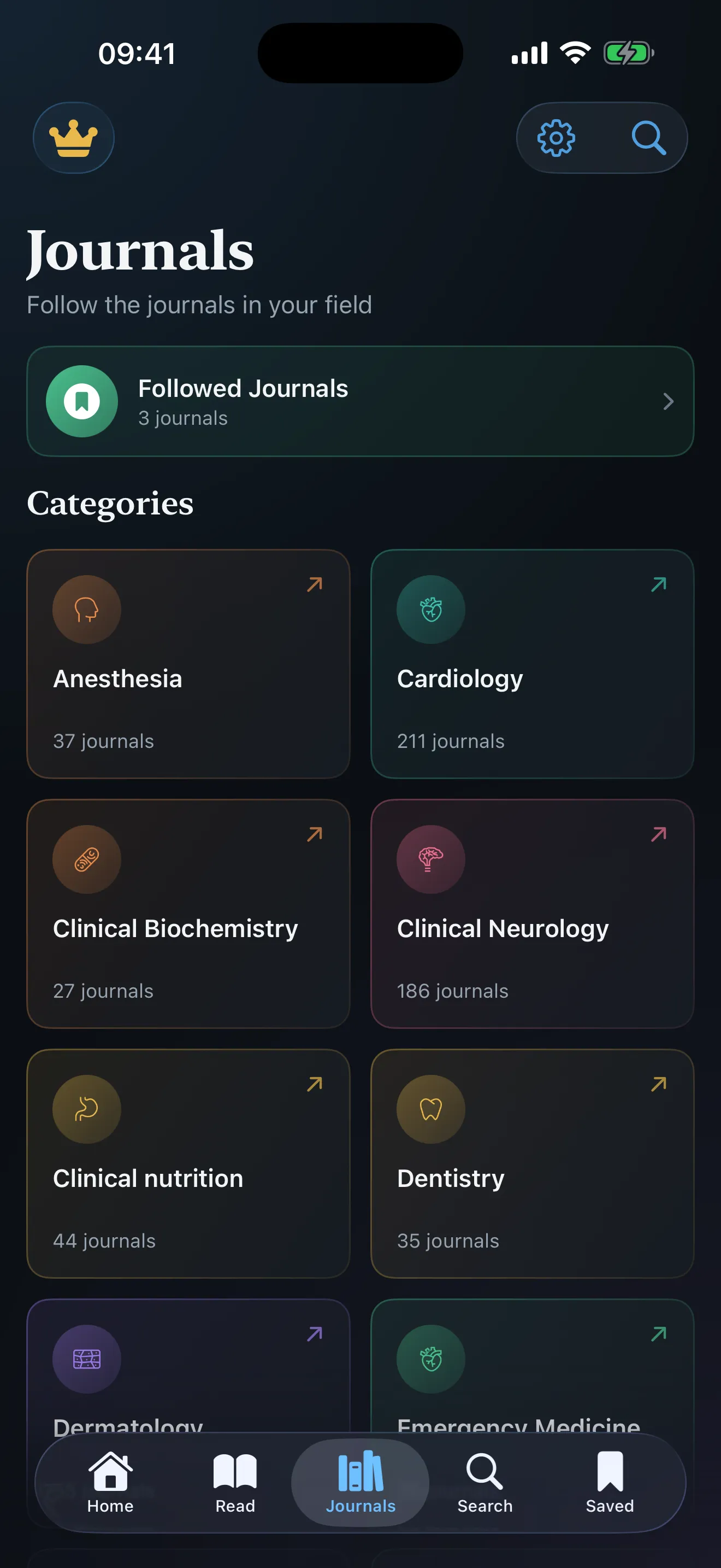 Journals screen in MediPub with followed journals and specialty categories