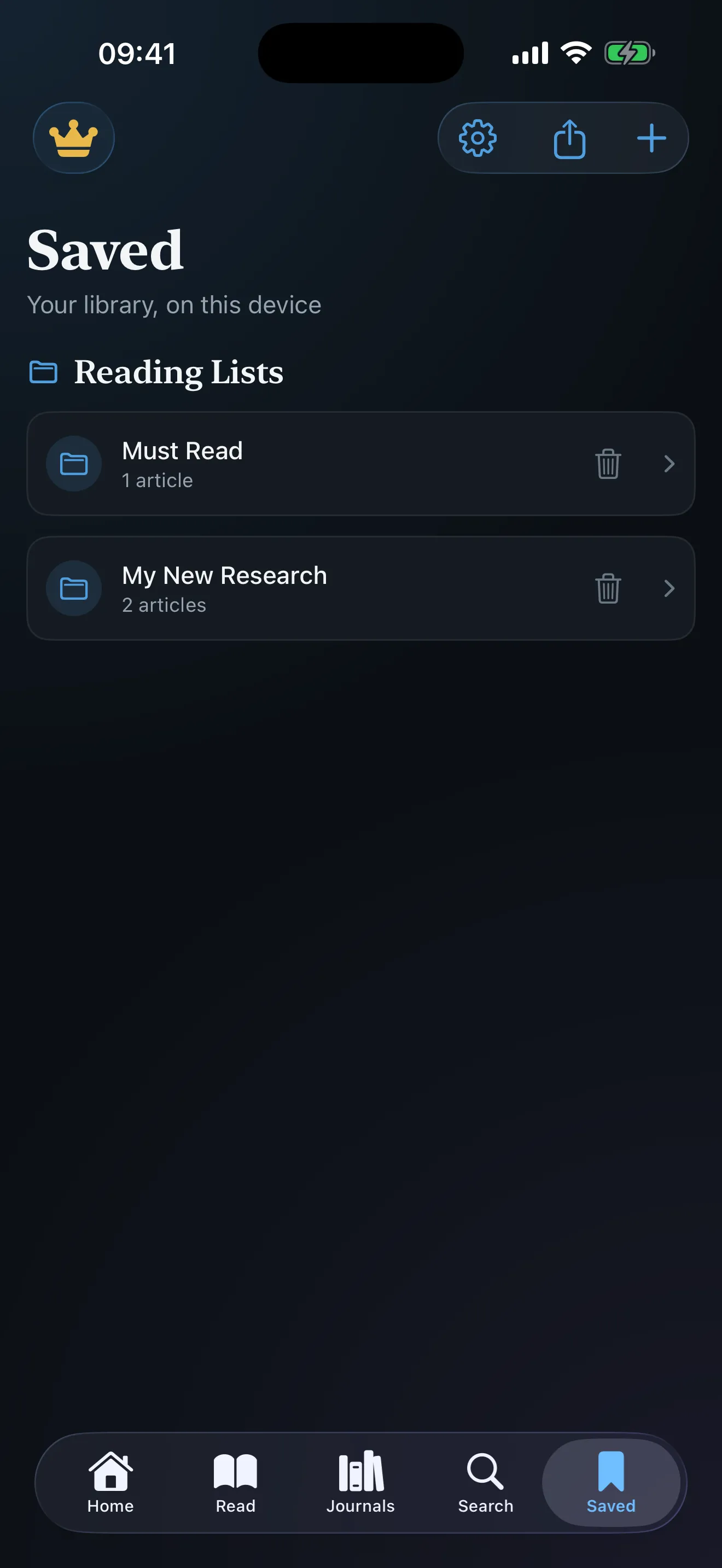 Saved screen in MediPub with reading lists