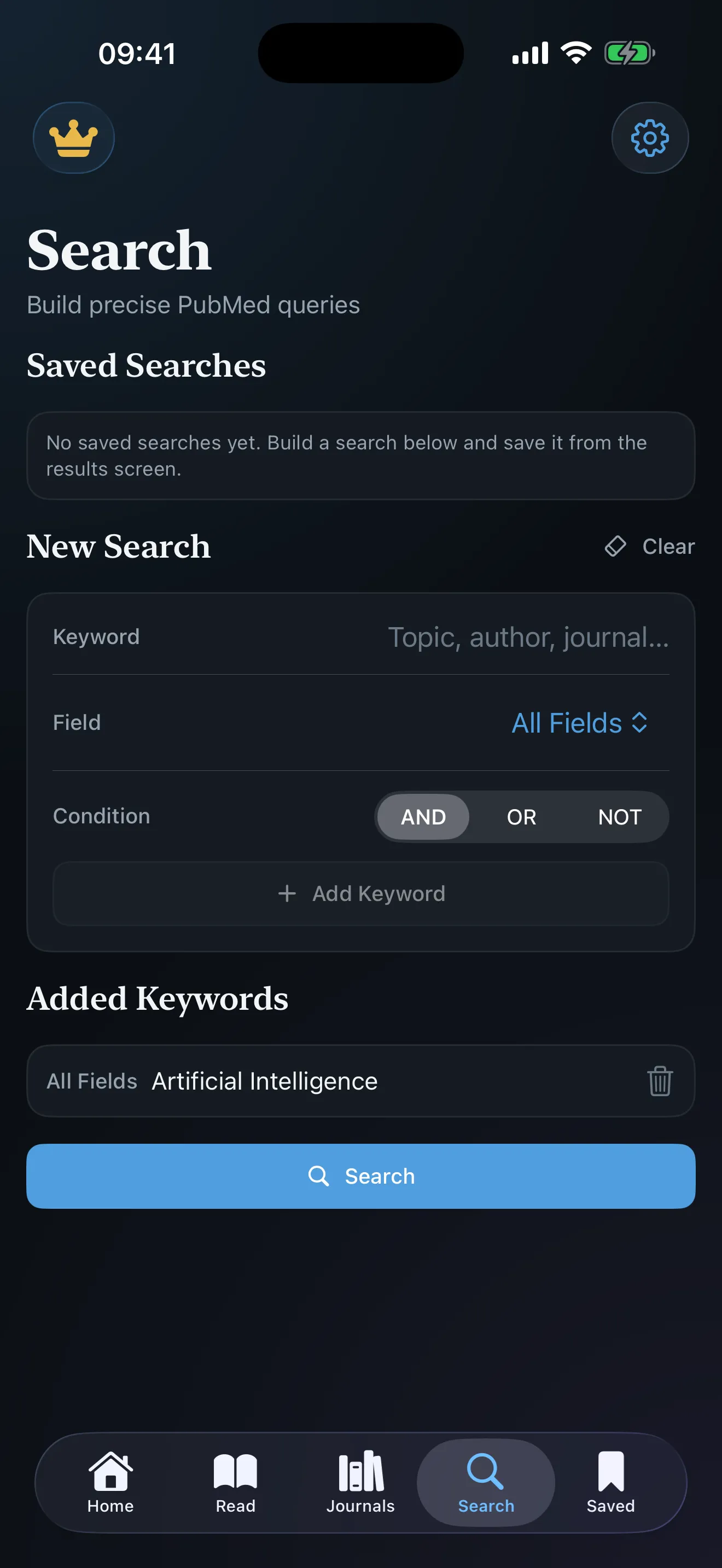 Search screen in MediPub with the query builder and saved searches